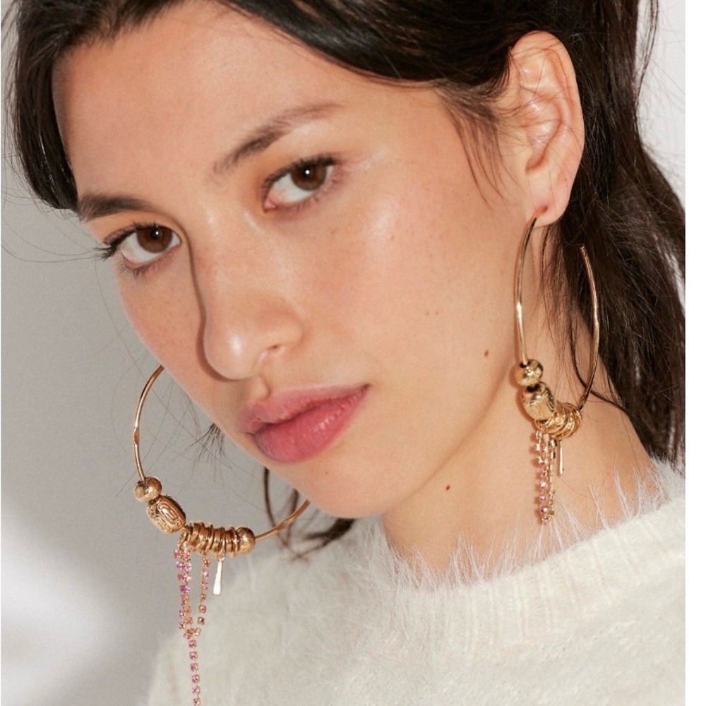 Free People Gold Hoop Earrings with Pink Bead Tassels - Picture 4 of 4